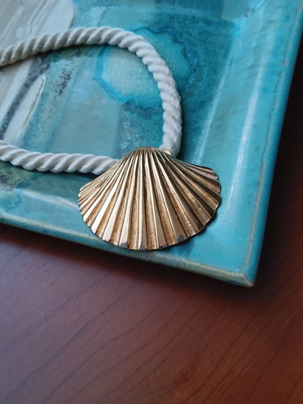 Large Gold Scallop Shell Pendant on Twisted Cord with Clasp GAY Boyer